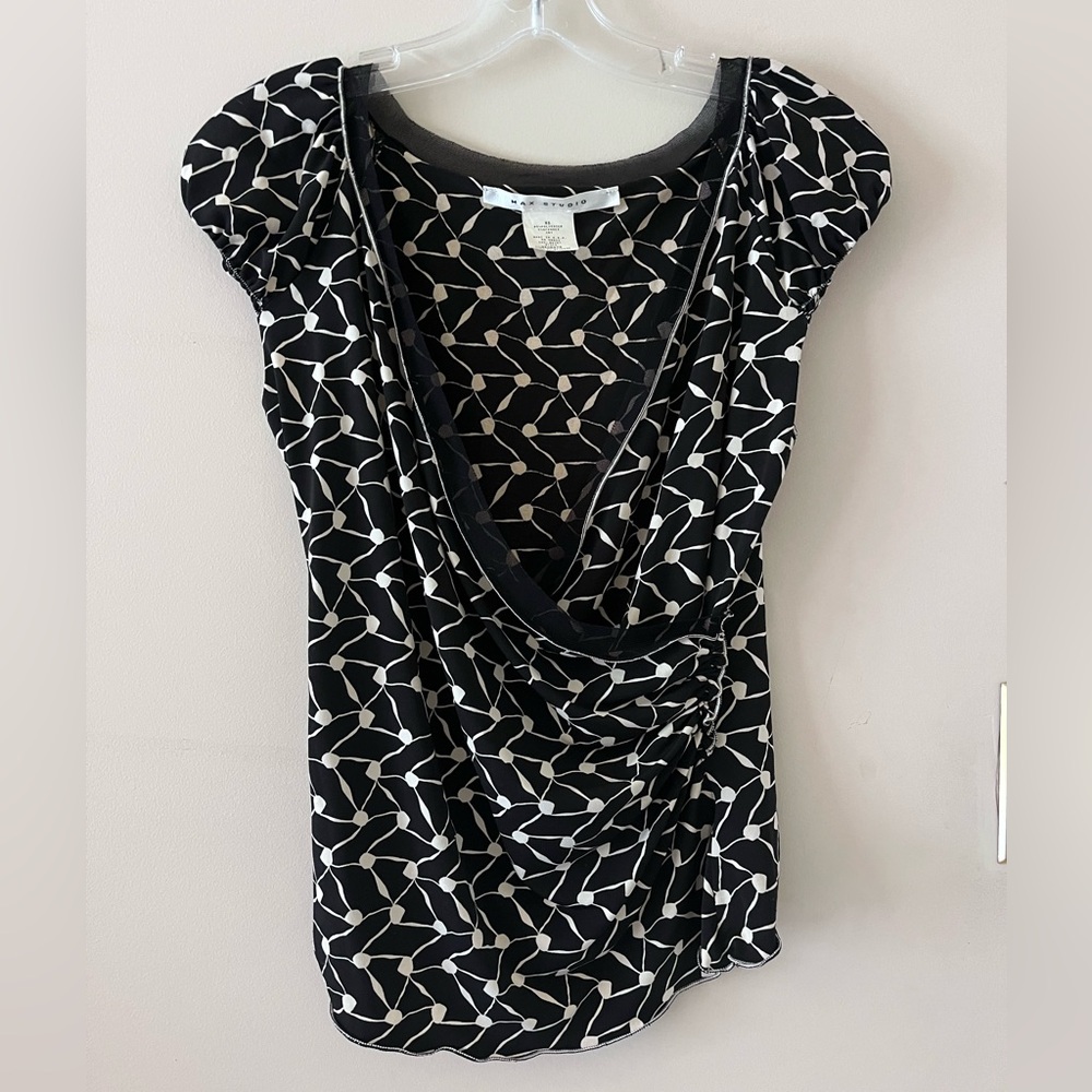 Black and white patterned wrap waist blouse
